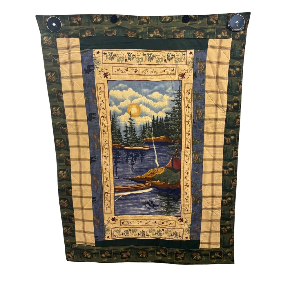 Rustic Wilderness Quilted Wall Hanging Lake Cabin Lodge Scene Moose Print 34x44